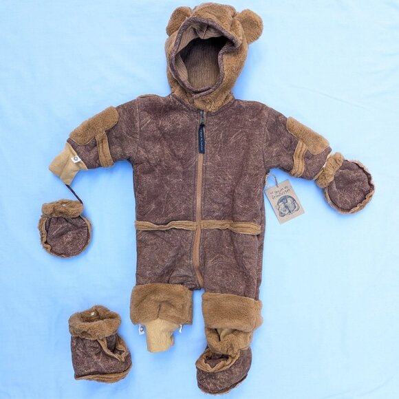 Kids 12 Month Brown Teddy Bear Bunting Zip Up Snowsuit Winter Cozy Faux Fur NWT - Picture 4 of 9